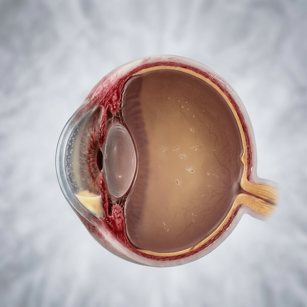 Cross-section of an eye highlighting anatomical structures affected by acute anterior uveitis including iris, ciliary body, cornea with keratic precipitates, aqueous humor, hypopyon, lens, posterior synechiae, retina, choroid, and optic nerve.