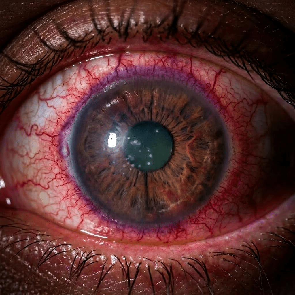 Close-up of an eye with red blood vessels and yellow branching patterns on the cornea