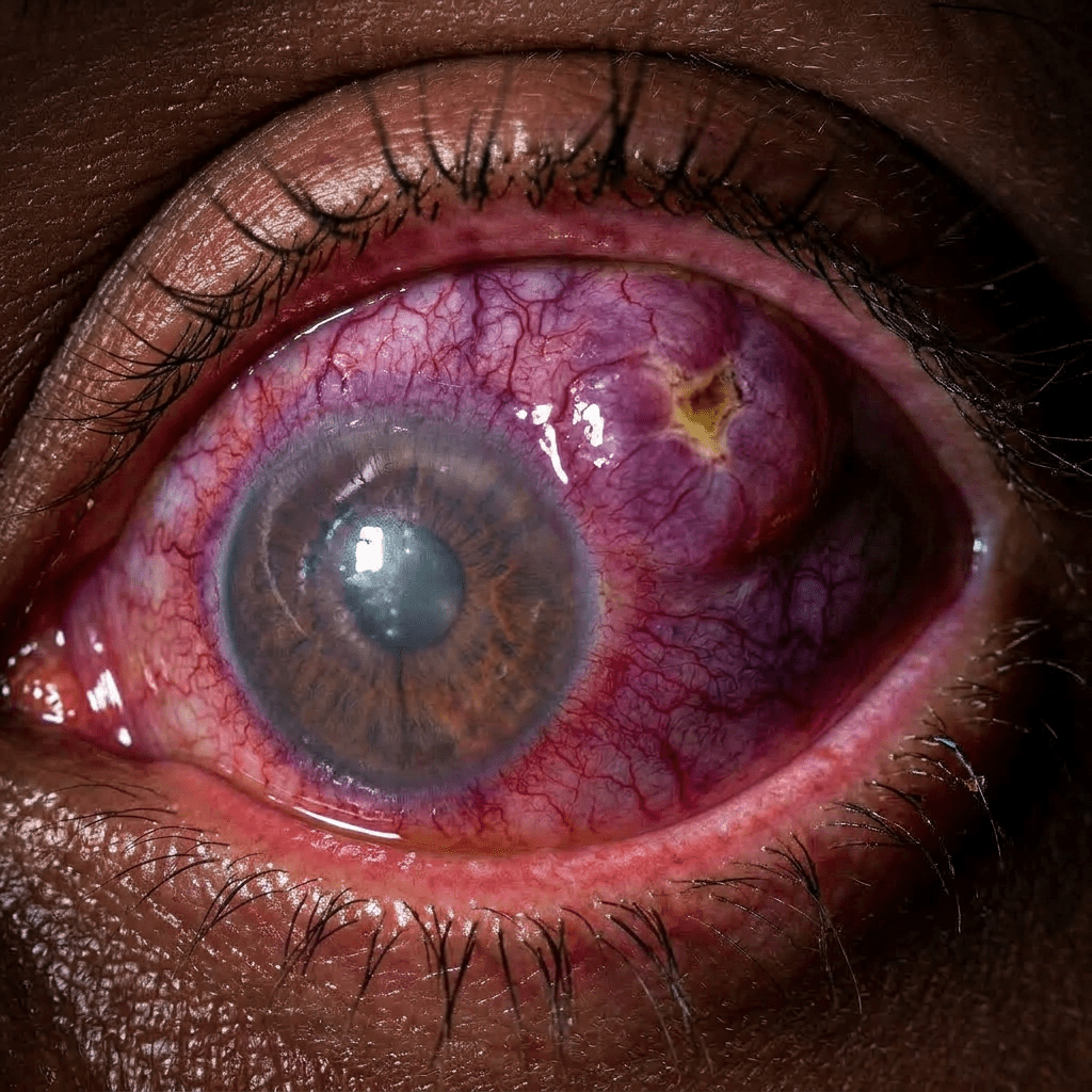 Brown eye with swollen conjunctival cyst, blood vessel inflammation, and a yellow lesion.