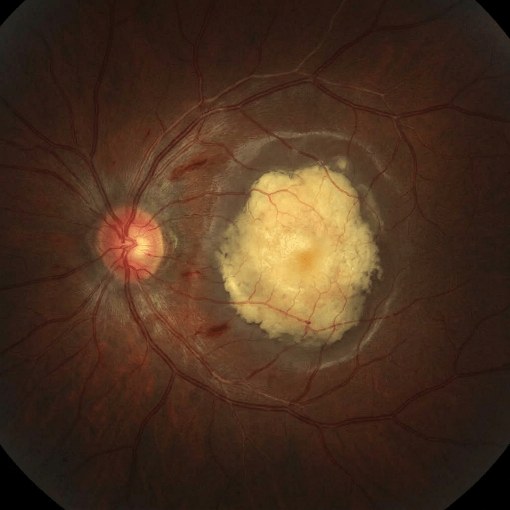 Retinal image showing optic disc and a yellowish macular lesion with surrounding blood vessels